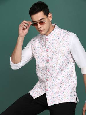 men's printed off white slim fit nehru jacket 1