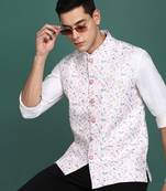 men's printed off white slim fit nehru jacket