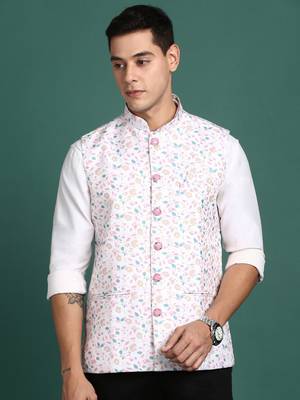 men's printed off white slim fit nehru jacket 2