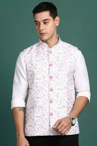 men's printed off white slim fit nehru jacket