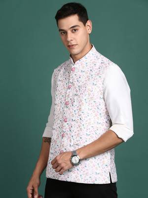 men's printed off white slim fit nehru jacket 3