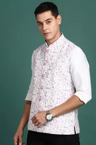 men's printed off white slim fit nehru jacket