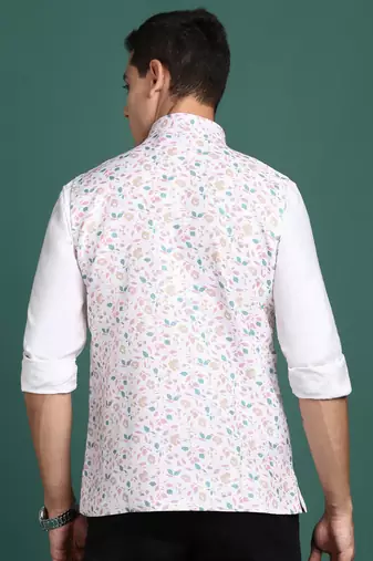 men's printed off white slim fit nehru jacket