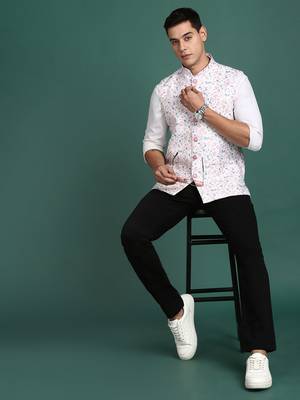 men's printed off white slim fit nehru jacket 5