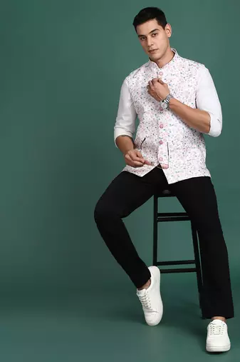 men's printed off white slim fit nehru jacket