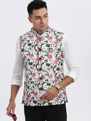 men's off white printed nehru jacket 1