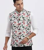 men's off white printed nehru jacket