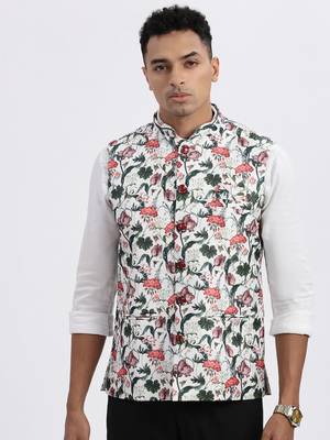 men's off white printed nehru jacket 2
