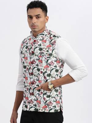 men's off white printed nehru jacket 3