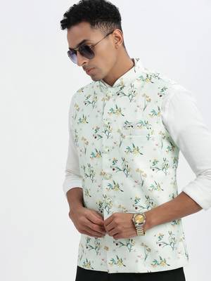 men's green printed nehru jacket 1