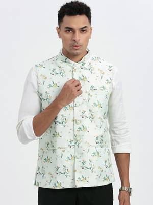 men's green printed nehru jacket 2