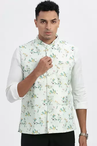 men's green printed nehru jacket