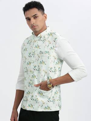men's green printed nehru jacket 3