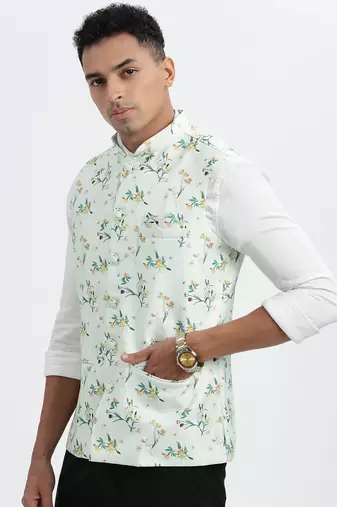 men's green printed nehru jacket