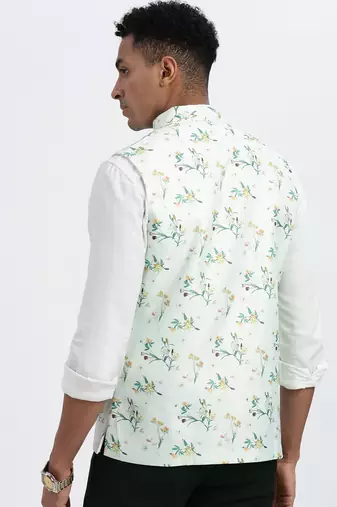 men's green printed nehru jacket