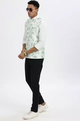 men's green printed nehru jacket