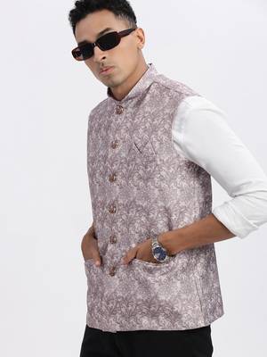 men's brown printed nehru jacket 1
