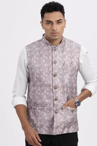 men's brown printed nehru jacket