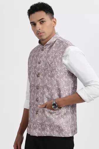 men's brown printed nehru jacket