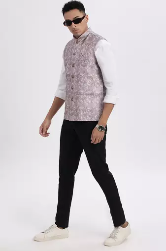 men's brown printed nehru jacket