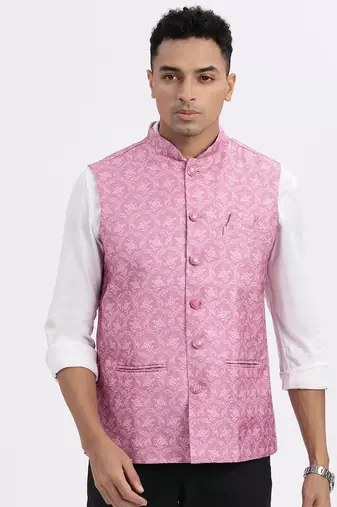 men's pink printed nehru jacket