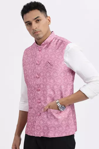 men's pink printed nehru jacket