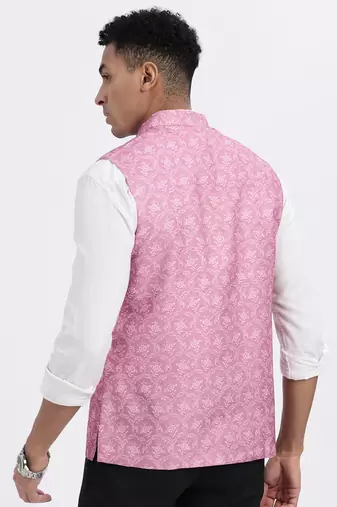 men's pink printed nehru jacket