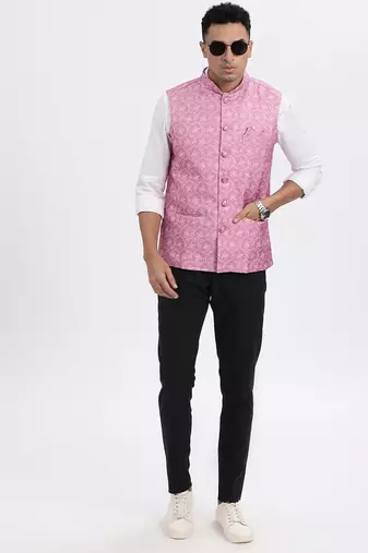 men's pink printed nehru jacket