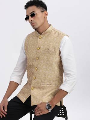 men's beige printed nehru jacket 1