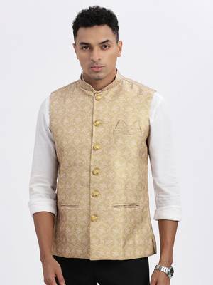 men's beige printed nehru jacket 2