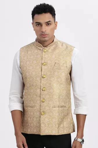 men's beige printed nehru jacket