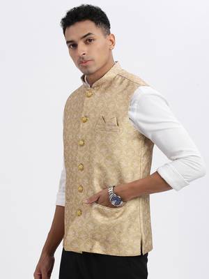 men's beige printed nehru jacket 3