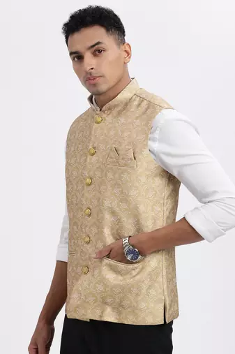 men's beige printed nehru jacket