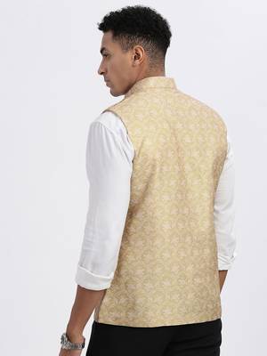 men's beige printed nehru jacket 4