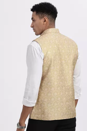 men's beige printed nehru jacket