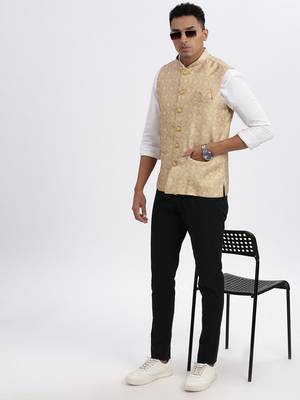 men's beige printed nehru jacket 5