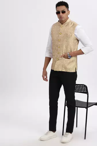 men's beige printed nehru jacket