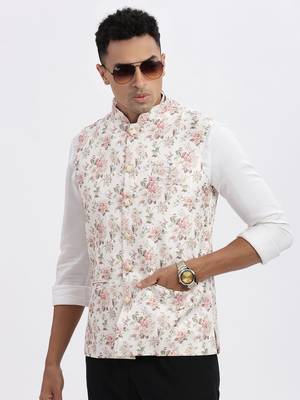 Showoff men's cream printed nehru jacket 1