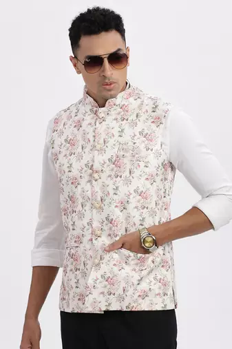 Showoff men's cream printed nehru jacket
