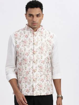 Showoff men's cream printed nehru jacket 2