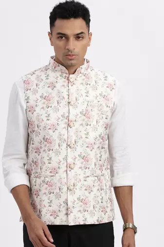 Showoff men's cream printed nehru jacket