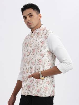 Showoff men's cream printed nehru jacket 3