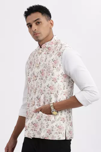 Showoff men's cream printed nehru jacket