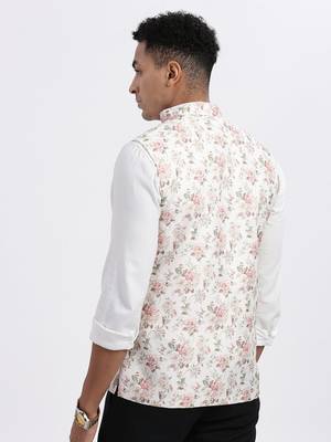 Showoff men's cream printed nehru jacket 4