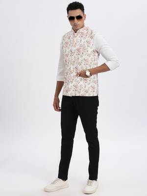Showoff men's cream printed nehru jacket 5