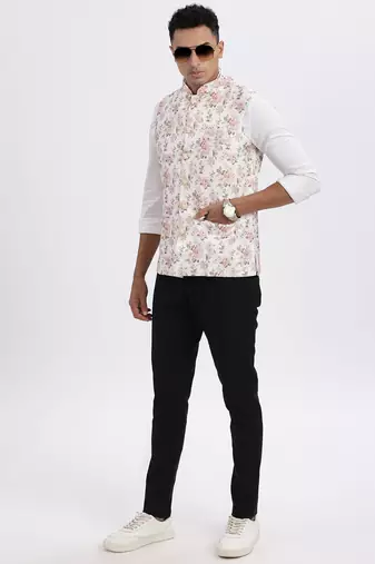 Showoff men's cream printed nehru jacket
