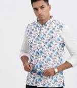 men's white printed nehru jacket