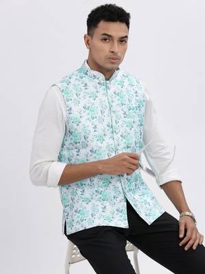 men's green printed nehru jacket 1