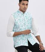 men's green printed nehru jacket