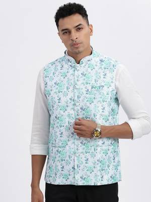 men's green printed nehru jacket 2